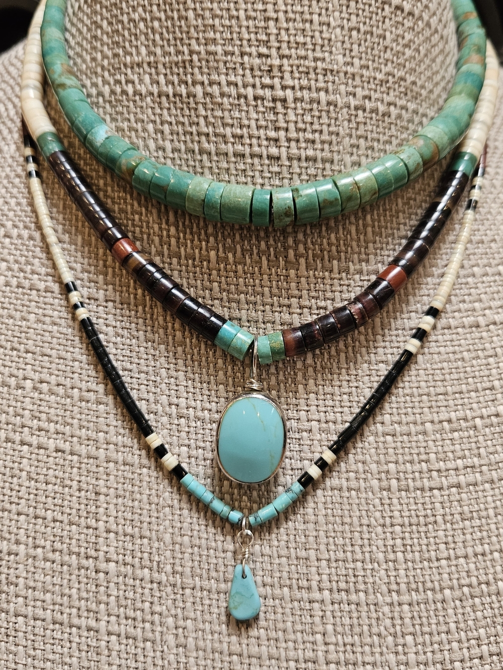 Turquoise Layered Beaded Necklace Set - Sterling Pendant